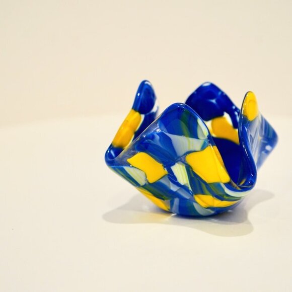 Blue & Yellow Blown Glass Hanker-chief Candle Votive - Picture 8 of 10